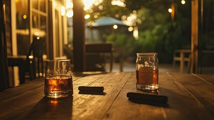 Whiskey and cigar pairing on a rustic wooden table in a dimly lit setting, capturing the essence of relaxation and sophistication.