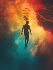 Naklejka premium A silhouetted figure swims through vibrant, colorful underwater light.