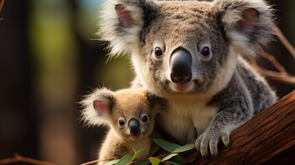 Obraz premium Adorable Koala Duo: Mother and Joey on Eucalyptus Branch