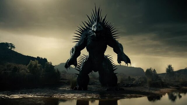 Giant Creature Emerges From Dark Waters in a Desolate Landscape During Twilight