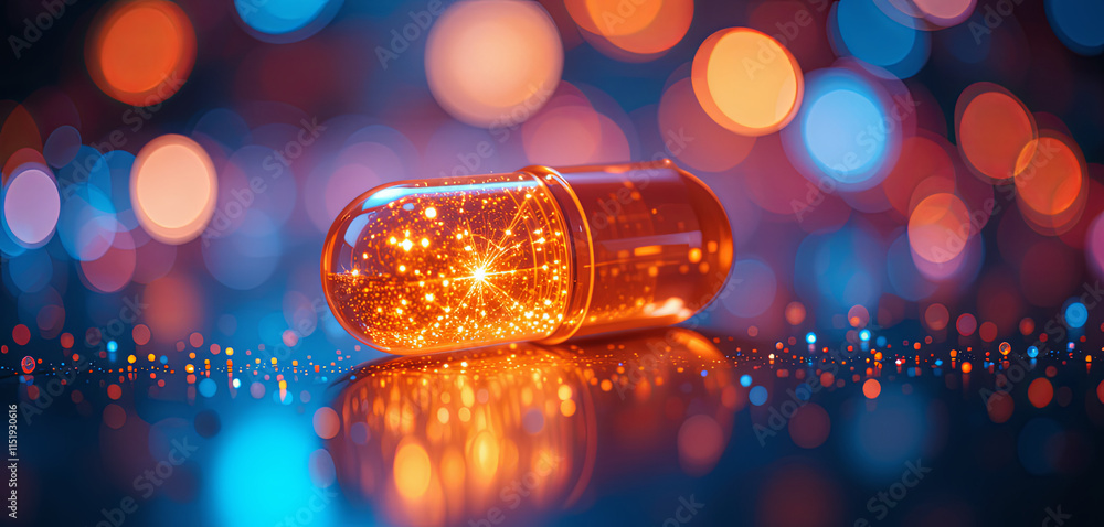 Poster a luminous capsule sparkles with tiny stars, resting on a glimmering surface. the colorful backgroun
