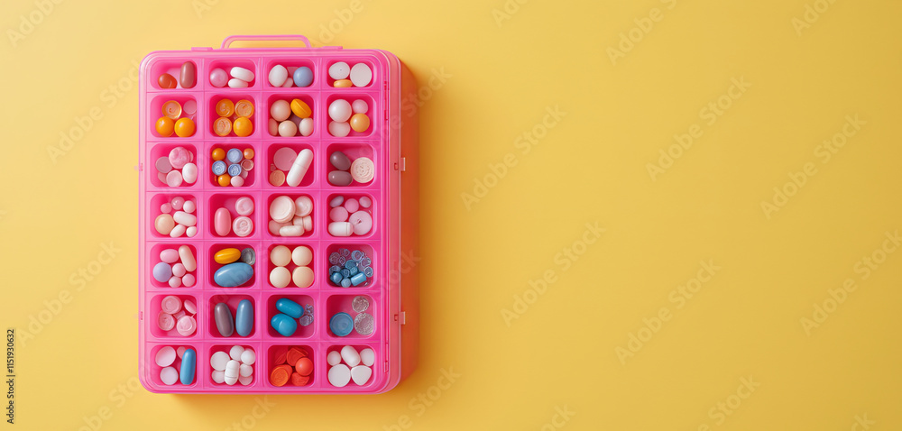 Poster a pink pill organizer displaying an array of colorful tablets and capsules neatly sorted into compar