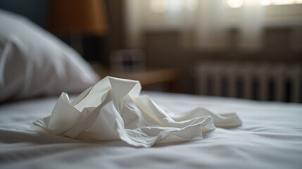 Crumpled white tissues on a wooden table.