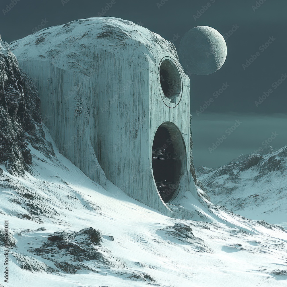Poster futuristic icy structure embedded in a snowy mountain range under a large moon.