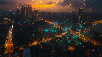 Obraz premium Smart digital city with connection cyber security network reciprocity over the cityscape . future smart wireless digital city and social media networking systems that connects people within the city