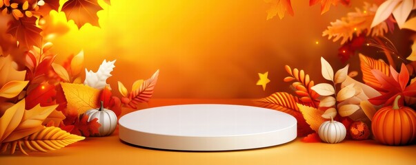 Autumn Festival Product Display Cozy Home Environment Vibrant Autumn Leaves and Pumpkins