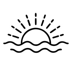 Obraz premium Sunrise view icon featuring sun rising over water for relaxation and coastal scenery concept