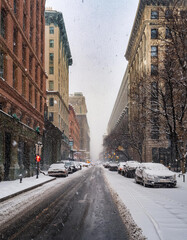 Snowy City Street, Cars Parked, Winter Blizzard, Urban Landscape