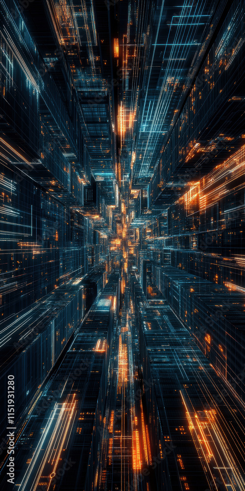 Poster dive into a vibrant digital landscape filled with glowing lines and structures.