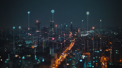 Smart digital city with connection cyber security network reciprocity over the cityscape . future smart wireless digital city and social media networking systems that connects people within the city
