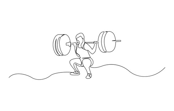recommend clip art: Woman lifting weights continuous one line drawing, One continuous line drawing young bodybuilder woman doing exercise with a heavy weight bar in gym. Powerlifter train weightlifting concept.