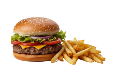 Delicious burger and french potato fries, cut out

