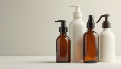 Mockup Set with Bottles. With copy space. Collection of cosmetic bottles in various shapes on a neutral background, perfect for branding and packaging design