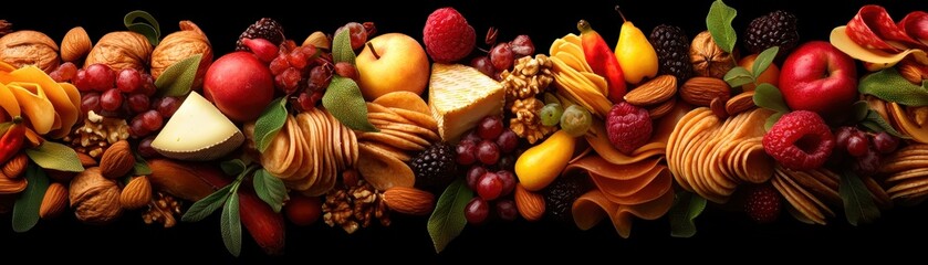 A gourmet cheese platter with various textures and colors, garnished with nuts, fruits, and herbs, representing sophistication and culinary art