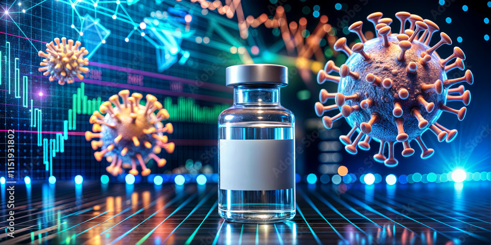 Poster a vaccine vial is prominently displayed with graphics symbolizing viruses and health data. the visua