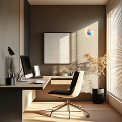 minimalist home office featuring sleek desk, ergonomic chair, and natural light. space is clutter free, promoting productivity and calmness