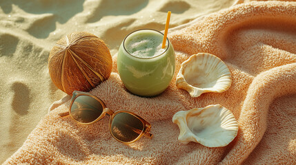 Coconut, seashells, and green smoothie on a textured beach towel