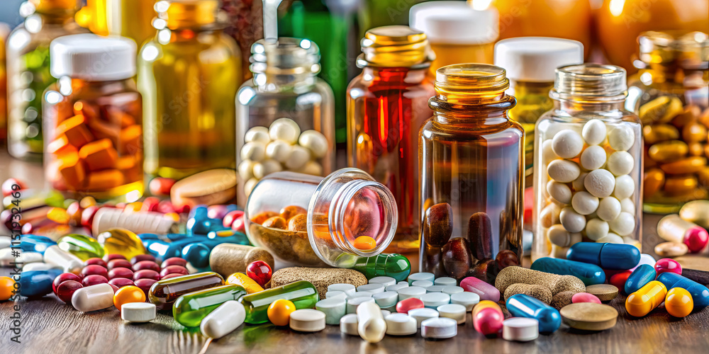 Poster a collection of colorful bottles filled with tablets and capsules is arranged on a wooden surface. t
