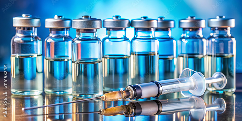 Poster several vials filled with clear liquid are arranged in a row on a surface, with a syringe lying in f