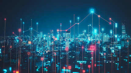 Fototapeta premium Smart digital city with connection cyber security network reciprocity over the cityscape . future smart wireless digital city and social media networking systems that connects people within the city