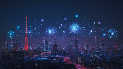 Fototapeta premium Smart digital city with connection cyber security network reciprocity over the cityscape . future smart wireless digital city and social media networking systems that connects people within the city