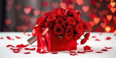A bouquet of red roses presented in a red velvet box surrounded by scattered petals and a blurred background of red hearts