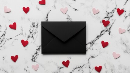 Sending love black envelope surrounded by heart shapes on marble background valentine's day romantic concept