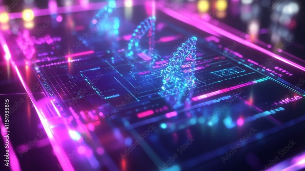 Fototapete A vivid display of computer technology features intricate bio-inspired elements in a vibrant neon setting.