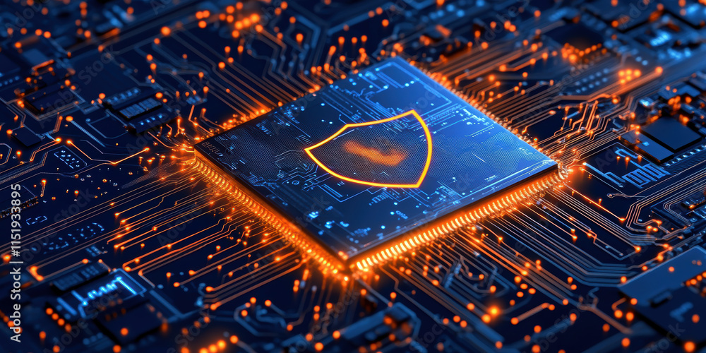 Poster a stunning macro view of a computer circuit board featuring a glowing shield symbol, representing ad