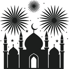 Silhouette of Mosque with Fireworks and Stars Vector Illustration