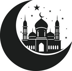 Silhouette of Crescent Moon with Mosque and Starry Sky Vector Illustration