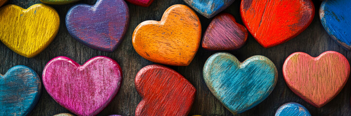 Background with colorful wooden hearts. Valentine's Day concept