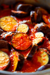 Eggplants with vegetables stewed in tomato sauce. Homemade vegetarian cuisine. Stewed vegetables...