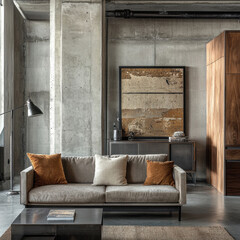 Modern urban industrial living room featuring stylish sofa, textured walls, and wooden accents, creating cozy yet contemporary atmosphere