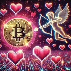 Celebrate Valentine's Day with Love and Technology! Bitcoin Sparks Heart, AI Cupid Shoots Arrow of Love, Cryptocurrency Growth Chart, The Perfect Mix of Romance, Wealth and Innovation