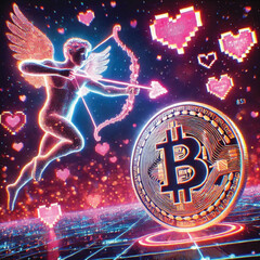Celebrate Valentine's Day with Love and Technology! Bitcoin Sparks Heart, AI Cupid Shoots Arrow of Love, Cryptocurrency Growth Chart, The Perfect Mix of Romance, Wealth and Innovation