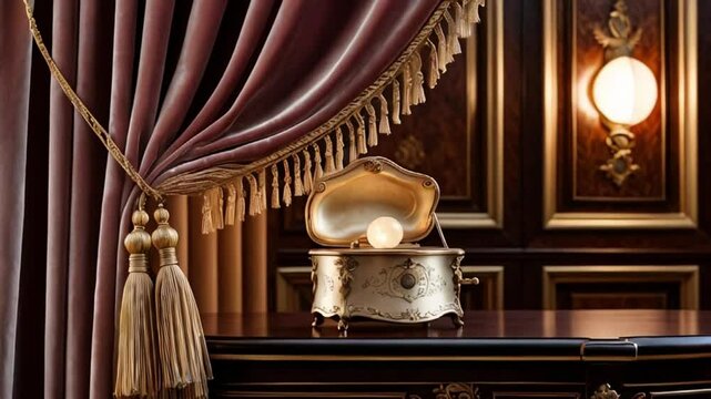 Antique gold jewelry box in shell shape, elegant mauve velvet drapes with decorative tassels, opulent dark wood paneled room with warm lighting