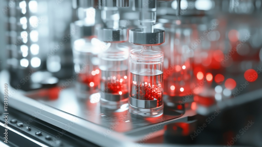 Poster in a high-tech laboratory, glass vials filled with vibrant red substances are illuminated by soft li