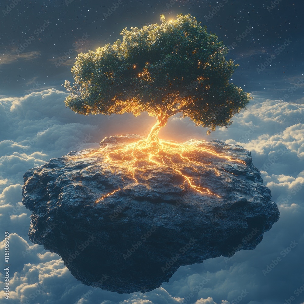 Poster glowing tree on a floating rock island in the clouds.