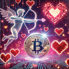 Celebrate Valentine's Day with Love and Technology! Bitcoin Sparks Heart, AI Cupid Shoots Arrow of Love, Cryptocurrency Growth Chart, The Perfect Mix of Romance, Wealth and Innovation
