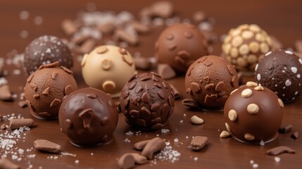 Assorted chocolate truffles with decorative toppings.