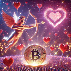 Celebrate Valentine's Day with Love and Technology! Bitcoin Sparks Heart, AI Cupid Shoots Arrow of Love, Cryptocurrency Growth Chart, The Perfect Mix of Romance, Wealth and Innovation