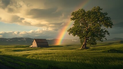 Rustic Barn Tree Rainbow Serene Landscape Sunset