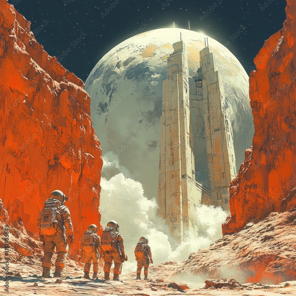 Poster astronauts explore a futuristic alien planet with towering structures and a large planet in the back