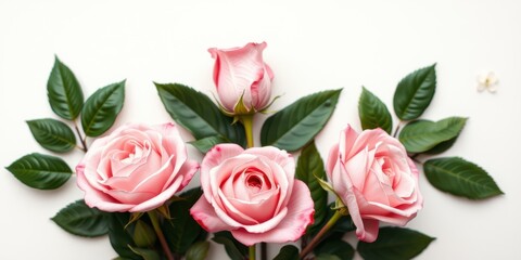 A delicate arrangement of four blush pink roses, each with a soft, velvety texture, nestled amidst lush green foliage, creating a beautiful and romantic floral display