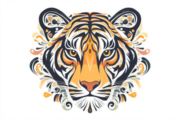 A symmetrical tiger face illustration featuring intricate ornamental swirls and warm orange tones creating a powerful and artistic design  
