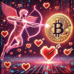 Celebrate Valentine's Day with Love and Technology! Bitcoin Sparks Heart, AI Cupid Shoots Arrow of Love, Cryptocurrency Growth Chart, The Perfect Mix of Romance, Wealth and Innovation