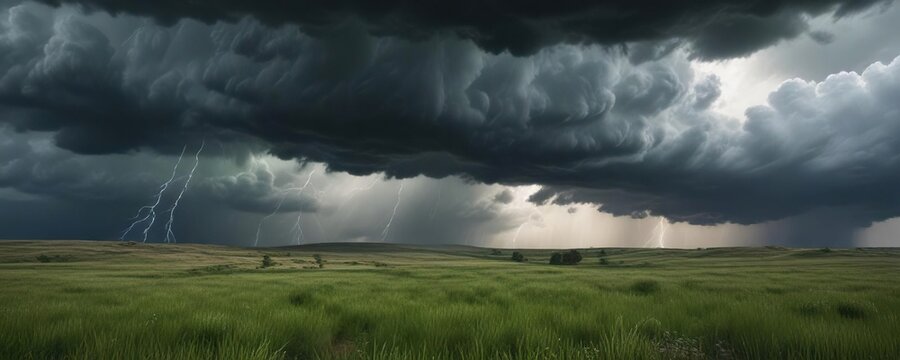 Severe thunderstorms brewing over the green plains near Pierre, weather, earthy, natural