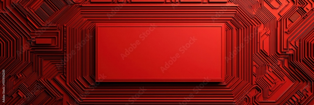 Poster a vibrant red circuit board with a central rectangular area, showcasing intricate patterns and textu