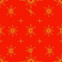 Red and Gold Floral Pattern: Elegant seamless pattern with repeating golden flowers and stars on a rich red background. Perfect for festive designs and luxurious textures. 